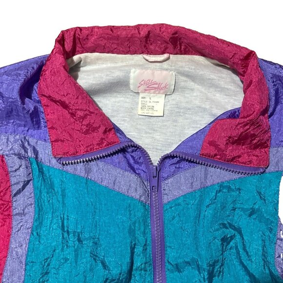 Vtg Nylon Jacket Purple Lined Windbreaker SHELL SHOCK Zip Elastic Waist Large - Picture 8 of 14